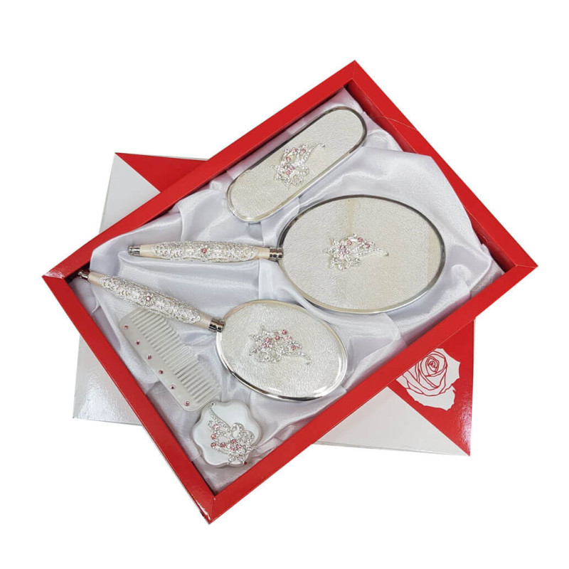 Gülüm 5li Ekru Ayna Tarak Fırça Pudralık Çeyiz Seti