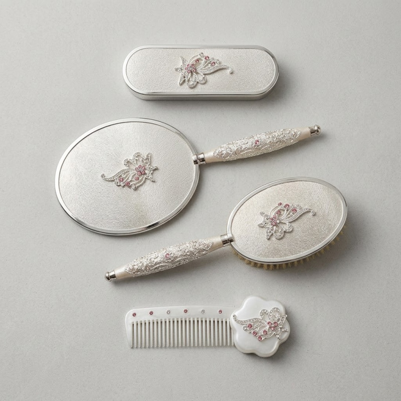 Gülüm 5li Ekru Ayna Tarak Fırça Pudralık Çeyiz Seti