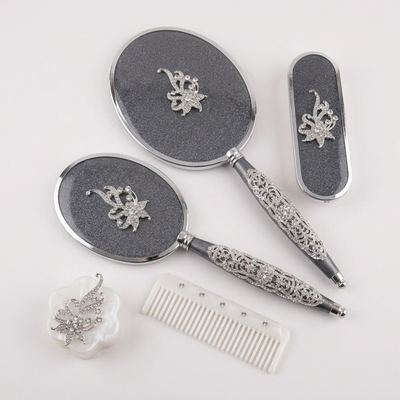 Gülüm 5li Füme Ayna Tarak Fırça Pudralık Çeyiz Seti
