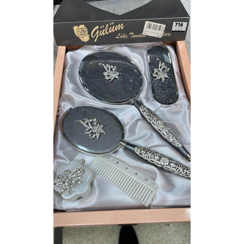 Gülüm 5li Füme Ayna Tarak Fırça Pudralık Çeyiz Seti