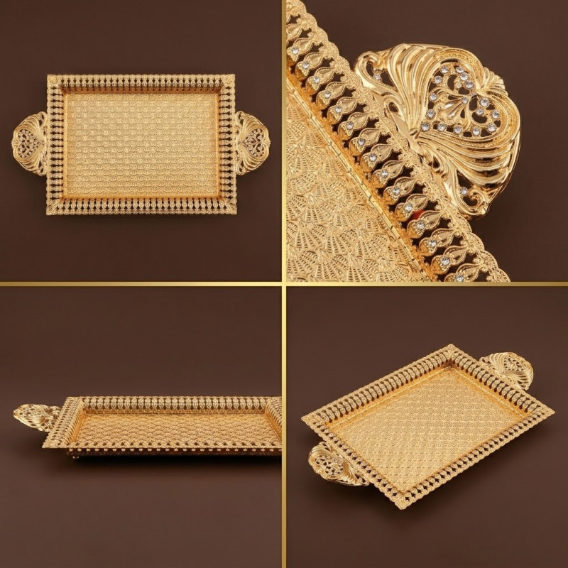 Gümüş Desenli Kristal Taşlı Servis Tepsisi lkm197