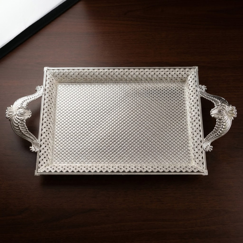 Gümüş Renk Ayaklı Tepsi Orta Boy Lkm-106 Gümüş - Lüks Sunum Tepsisi