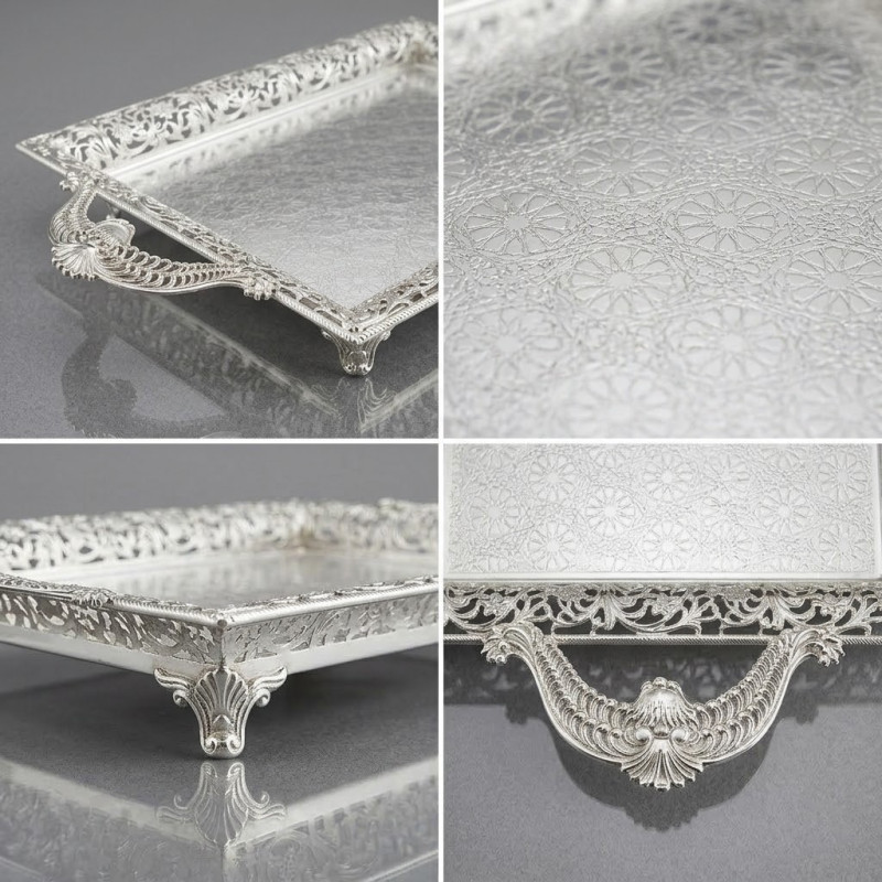 Gümüş Renk Ayaklı Tepsi Orta Boy Lkm-426 Gümüş - Lüks Sunum Tepsisi