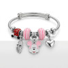 Paslanmaz Çelik Yaylı Kadın Bileklik - Mickey Mouse Charm'lı Pembe Boncuklu Yaylı Açılabilir Kadın Charm Bileklik