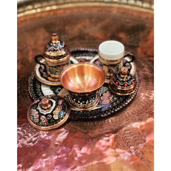 Hakiki Erzincan Bakır 4'Lü Kahve Fincanı ve Cezve Set