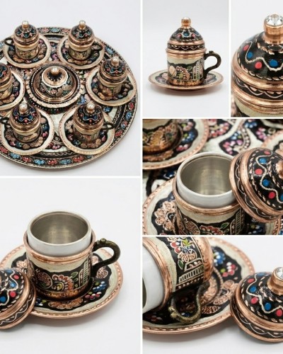Hakiki Erzincan Bakır 8'Li Kahve Fincanı Lokumluk Set