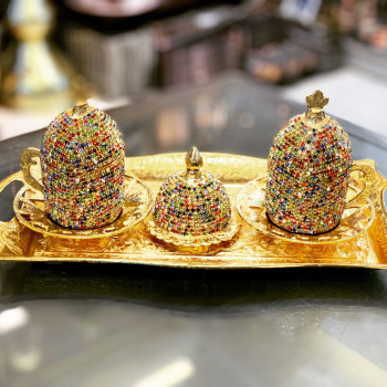 İkili Renkli Kristal Taş Kaplama Kahve Fincan Seti