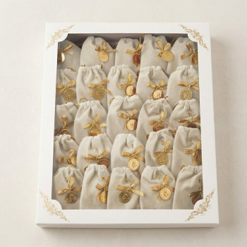 Kadife Kına Kesesi Ekru 50 Adet - İçi Toz Kına Dolu Hediyelik - Altın Detaylı Lüks Kına Kesesi Seti