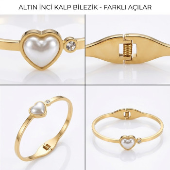 Kadın Gold Kalp İncili Kelepçe Bilezik - Premium Kararmaz Çelik Kadın Gold Kalp İncili Kelepçe Bilezik - Premium Kararmaz Çelik