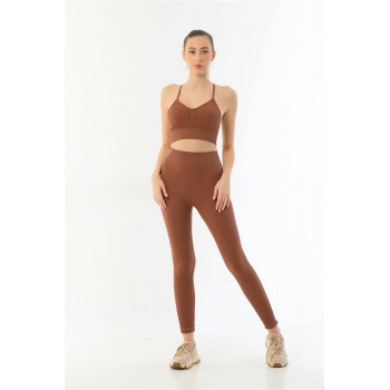 KAHVE MI Emay 3921 Soft Seamless Ripli Tayt Yoga Takımı KAHVE MI Emay 3921 Soft Seamless Ripli Tayt Yoga Takımı