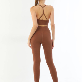 KAHVE MI Emay 3921 Soft Seamless Ripli Tayt Yoga Takımı