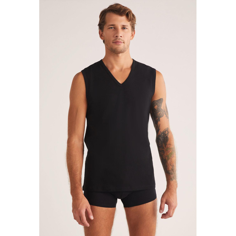 Kom Barny V Yakalı Pamuk 2 li Erkek Atlet Siyah