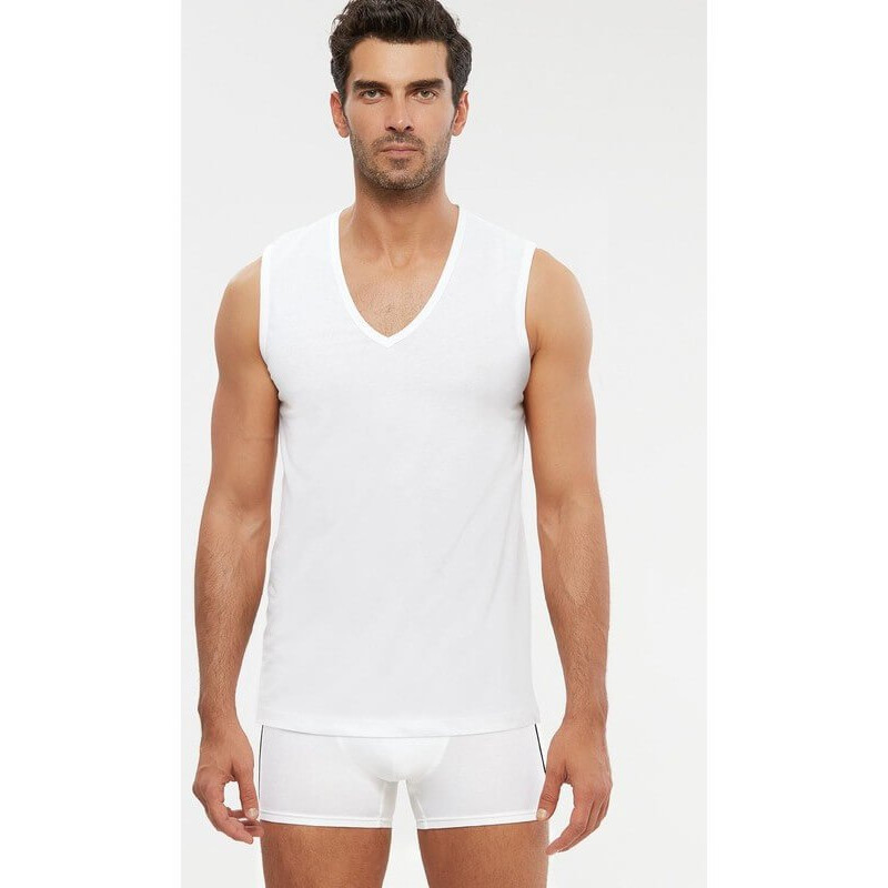 Kom Barry V Yakalı Pamuk 2 li Erkek Atlet Beyaz