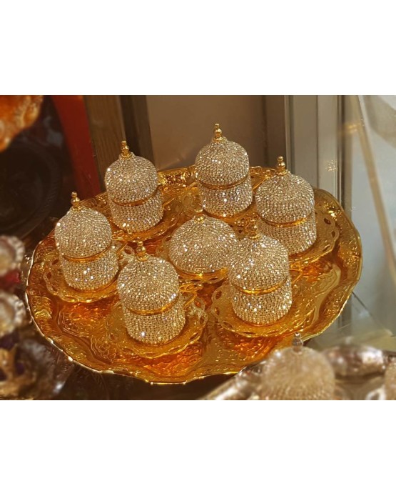 Kristal Taşlı Gold Kahve Fincanı Lokumluk Seti Kristal Taşlı Gold Kahve Fincanı Lokumluk Seti