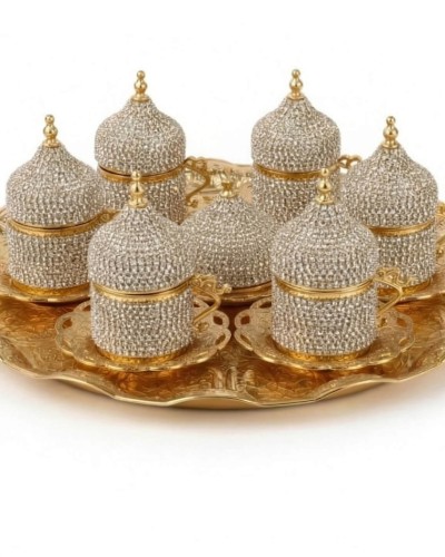 Kristal Taşlı Gold Kahve Fincanı Lokumluk Seti