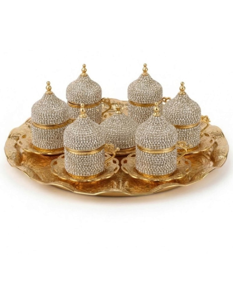 Kristal Taşlı Gold Kahve Fincanı Lokumluk Seti Kristal Taşlı Gold Kahve Fincanı Lokumluk Seti