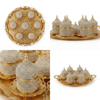 Kristal Taşlı Gold Kahve Fincanı Lokumluk Seti