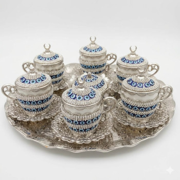 Kristal Taşlı Nazar Silver Kahve Fincanı Lokumluk Seti