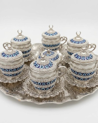 Kristal Taşlı Nazar Silver Kahve Fincanı Lokumluk Seti