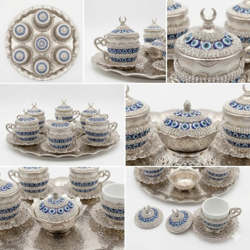 Kristal Taşlı Nazar Silver Kahve Fincanı Lokumluk Seti