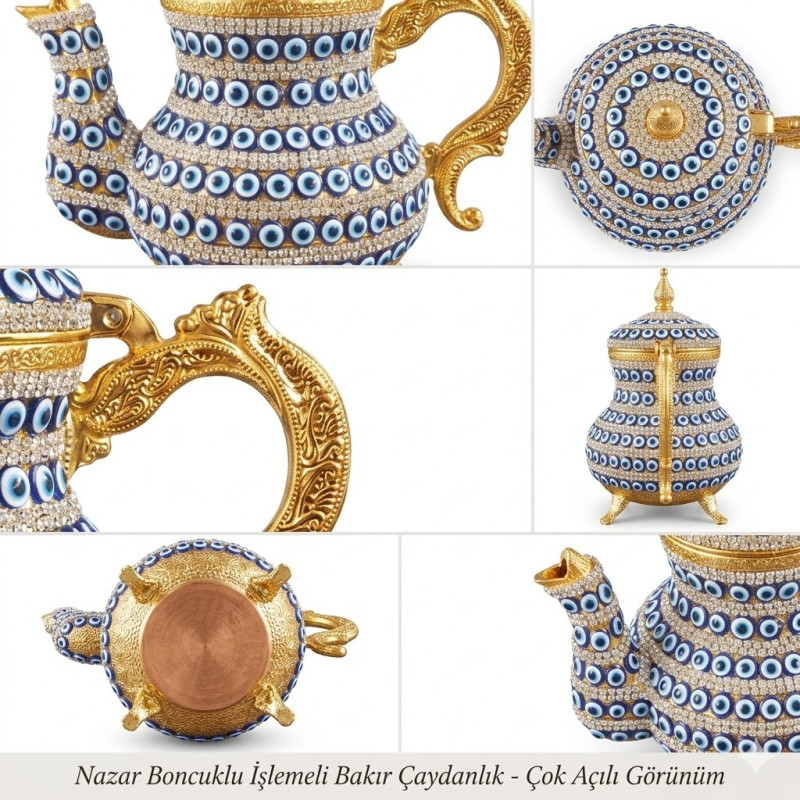 Nazar Boncuklu Orta Boy Bakır Çaydanlık Demlik