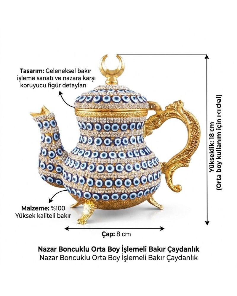 Nazar Boncuklu Orta Boy Bakır Çaydanlık Demlik