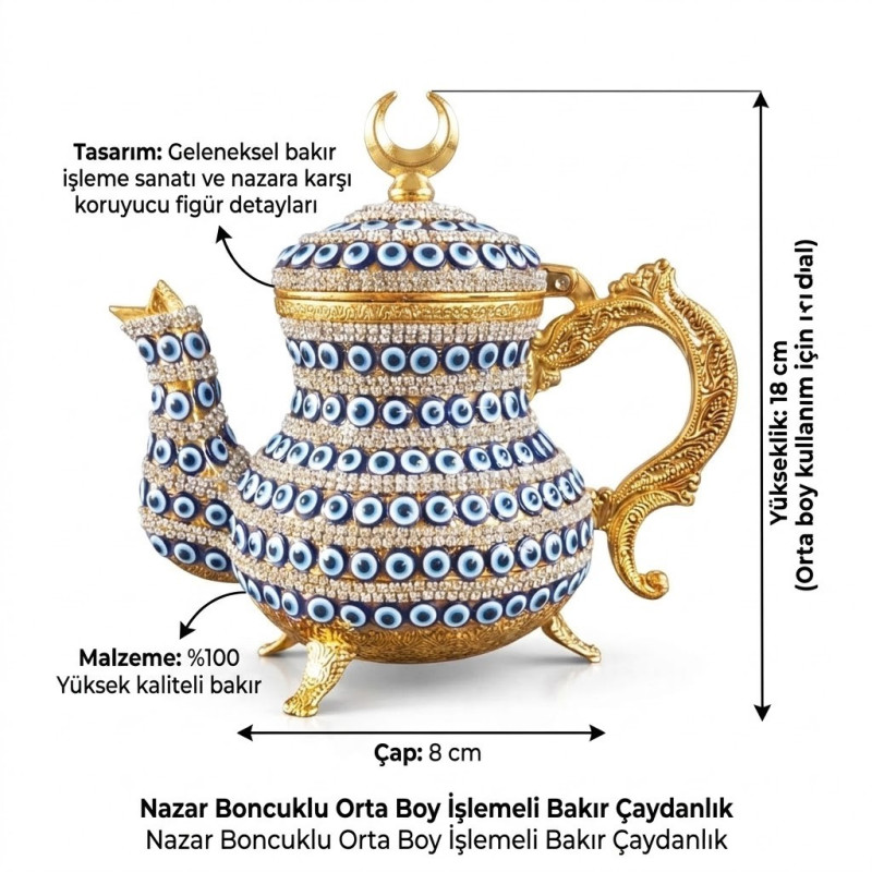 Nazar Boncuklu Orta Boy Bakır Çaydanlık Demlik