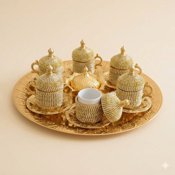 Osmanlı Motifli 6 Kişilik Türk Kahve Seti - Sarı Beyaz Taşlı