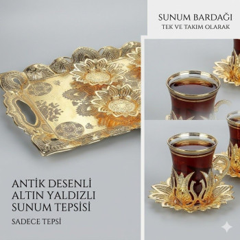 Otantik Altın İşlemeli Tepsi ve Çay Bardak Seti 6'lı Otantik Altın İşlemeli Tepsi ve Çay Bardak Seti 6'lı