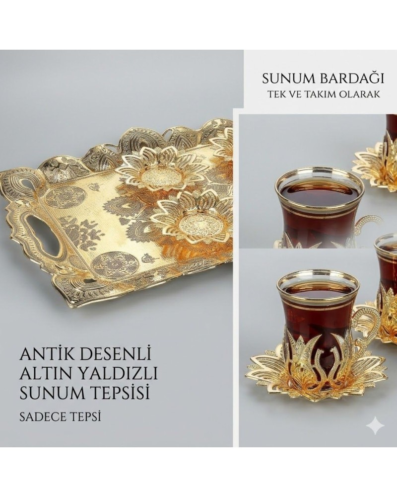 Otantik Altın İşlemeli Tepsi ve Çay Bardak Seti 6'lı