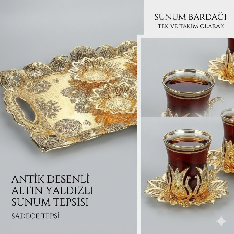 Otantik Altın İşlemeli Tepsi ve Çay Bardak Seti 6'lı Otantik Altın İşlemeli Tepsi ve Çay Bardak Seti 6'lı