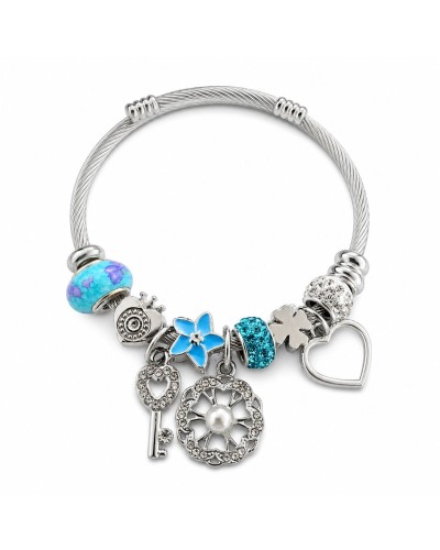 Turkuaz Mavi Charm Detaylı Gümüş Renk Kadın Bileklik – 6 cm Hediye Keseli