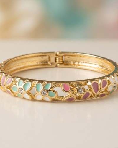 Pembe Turkuaz Mineli Zirkon Taşlı Gold Kelepçe Lüks İtalyan Model Bilezik