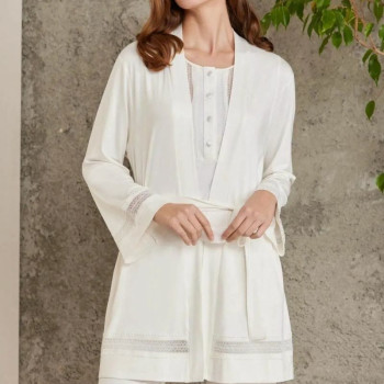 Pierre Cardin 2800 Kadın Ekru Dantelli Penye 3'lü Sabahlıklı Pijama Takım