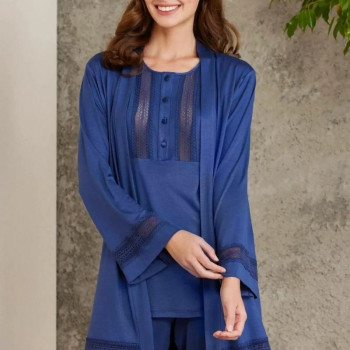 Pierre Cardin 2800 Kadın Lacivert Dantelli Penye 3'lü Sabahlıklı Pijama Takım