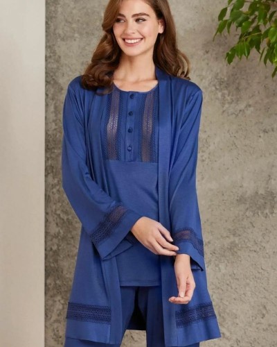 Pierre Cardin 2800 Kadın Lacivert Dantelli Penye 3'lü Sabahlıklı Pijama Takım