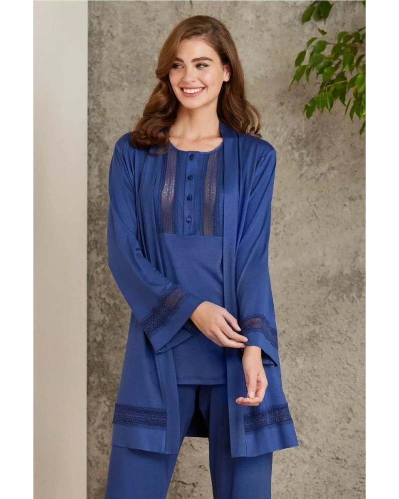 Pierre Cardin 2800 Kadın Lacivert Dantelli Penye 3'lü Sabahlıklı Pijama Takım Pierre Cardin 2800 Kadın Lacivert Dantelli Penye 3'lü Sabahlıklı Pijama Takım