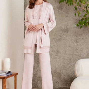 Pierre Cardin 2800 Kadın Pudra Dantelli Penye 3'lü Sabahlıklı Pijama Takım