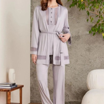 Pierre Cardin 2800 Kadın Royal Dantelli Penye 3'lü Sabahlıklı Pijama Takım