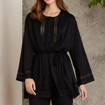 Pierre Cardin 2800 Kadın Siyah Dantelli Penye 3'lü Sabahlıklı Pijama Takım