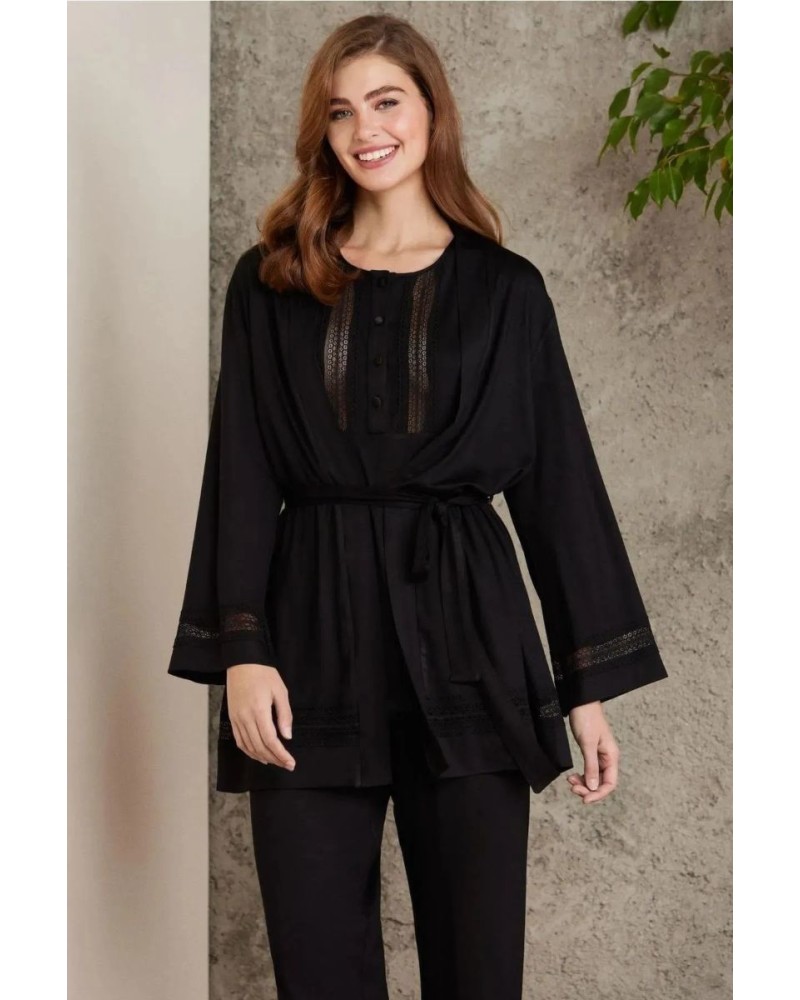 Pierre Cardin 2800 Kadın Siyah Dantelli Penye 3'lü Sabahlıklı Pijama Takım Pierre Cardin 2800 Kadın Siyah Dantelli Penye 3'lü Sabahlıklı Pijama Takım
