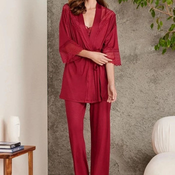 Pierre Cardin 2820 Kadın Bordo Dantelli Penye 3'lü Sabahlıklı Pijama Takım