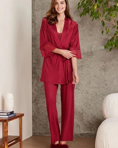 Pierre Cardin 2820 Kadın Bordo Dantelli Penye 3'lü Sabahlıklı Pijama Takım