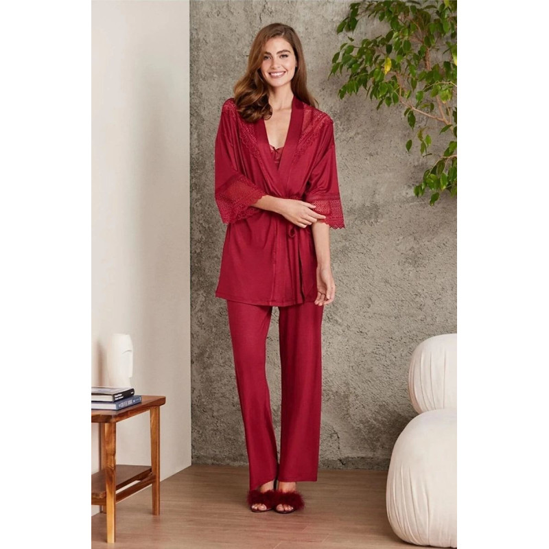 Pierre Cardin 2820 Kadın Bordo Dantelli Penye 3'lü Sabahlıklı Pijama Takım
