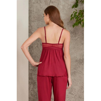 Pierre Cardin 2820 Kadın Bordo Dantelli Penye 3'lü Sabahlıklı Pijama Takım