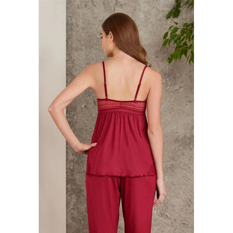 Pierre Cardin 2820 Kadın Bordo Dantelli Penye 3'lü Sabahlıklı Pijama Takım