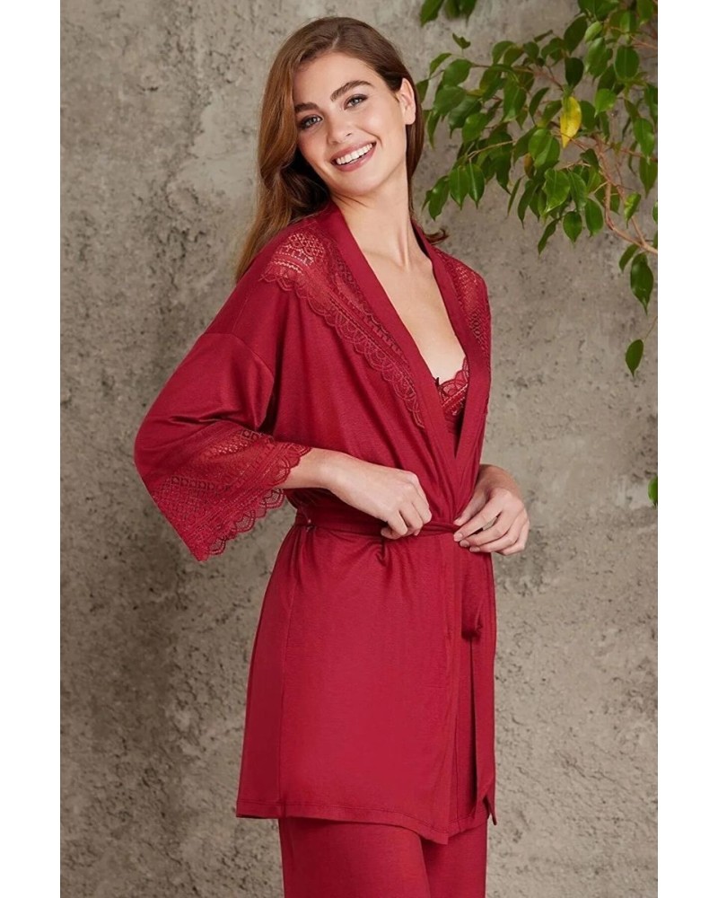 Pierre Cardin 2820 Kadın Bordo Dantelli Penye 3'lü Sabahlıklı Pijama Takım Pierre Cardin 2820 Kadın Bordo Dantelli Penye 3'lü Sabahlıklı Pijama Takım