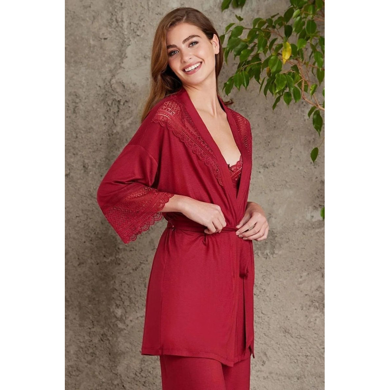 Pierre Cardin 2820 Kadın Bordo Dantelli Penye 3'lü Sabahlıklı Pijama Takım
