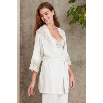 Pierre Cardin 2820 Kadın Ekru Dantelli Penye 3'lü Sabahlıklı Pijama Takım