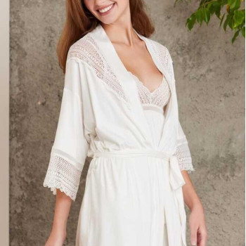 Pierre Cardin 2820 Kadın Ekru Dantelli Penye 3'lü Sabahlıklı Pijama Takım